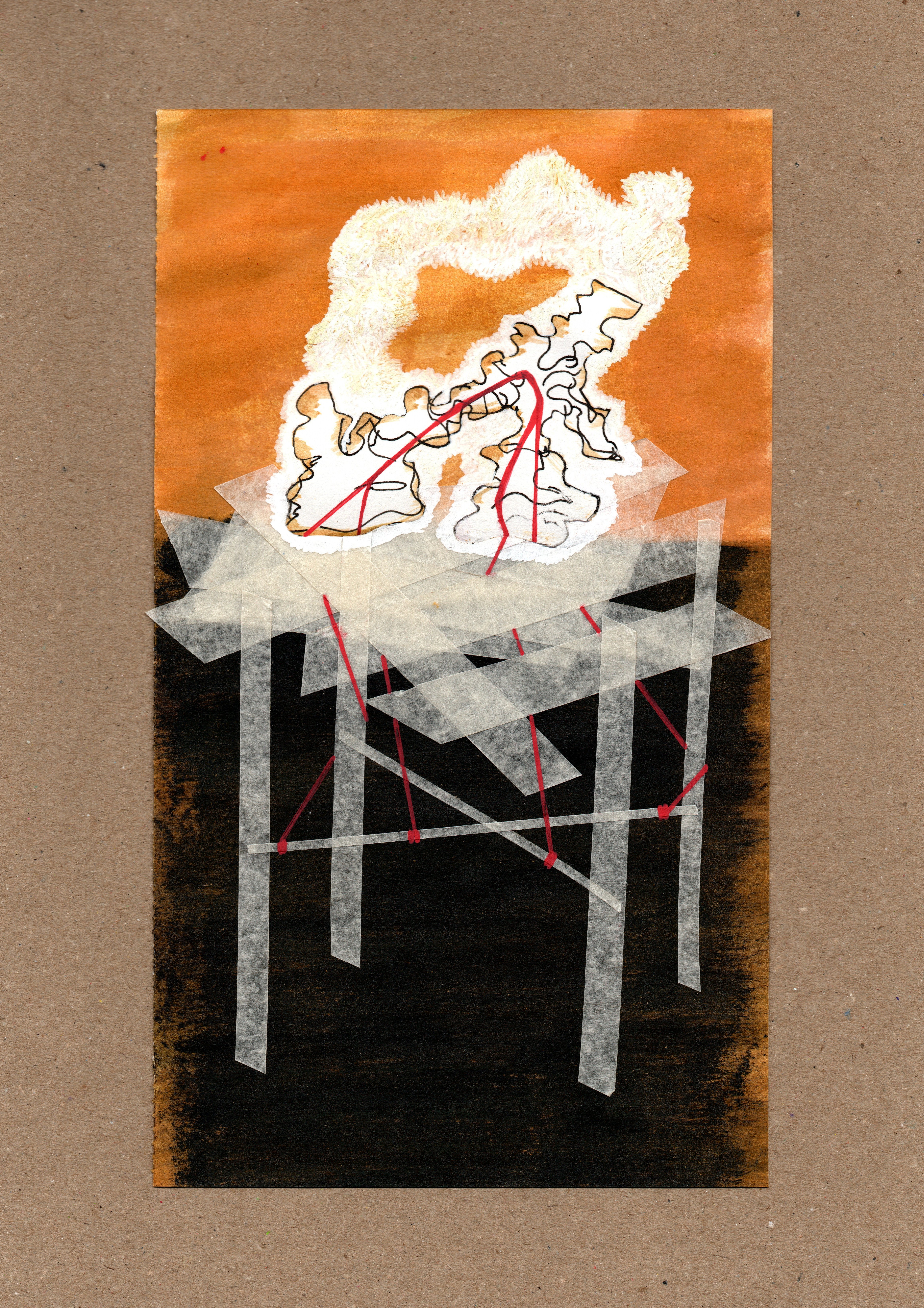 Ink, acrylic, and masking tape on paper on card