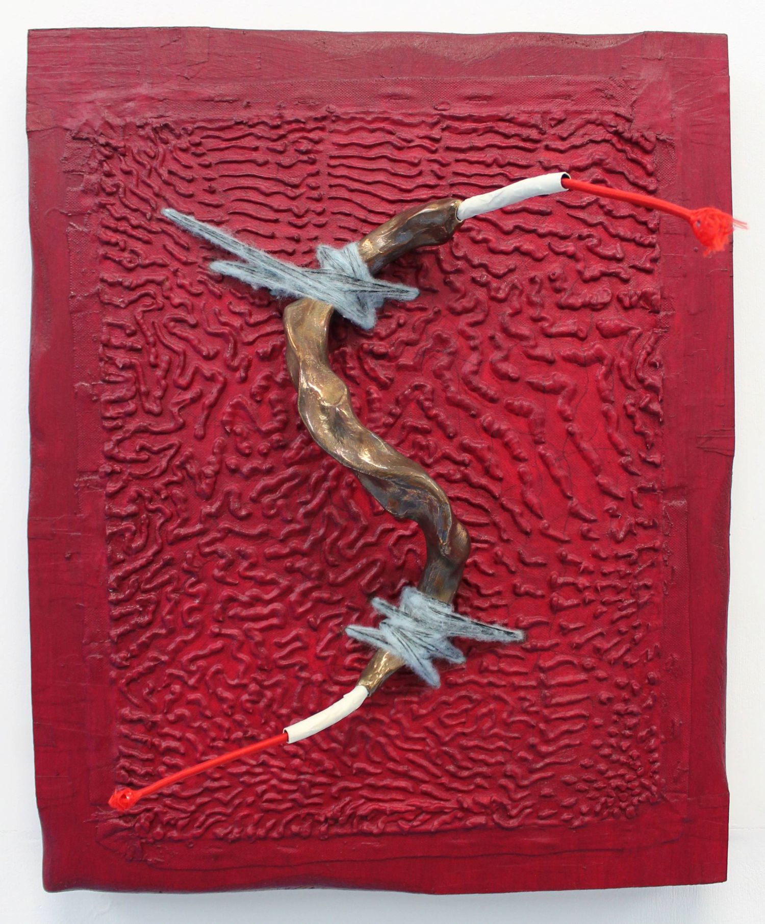 I had plans but I guess this is fine too, 2025. Bronze, masking tape, bungee cord, oil paint, caulk, copper tube, canvas, plywood, timber, wool.