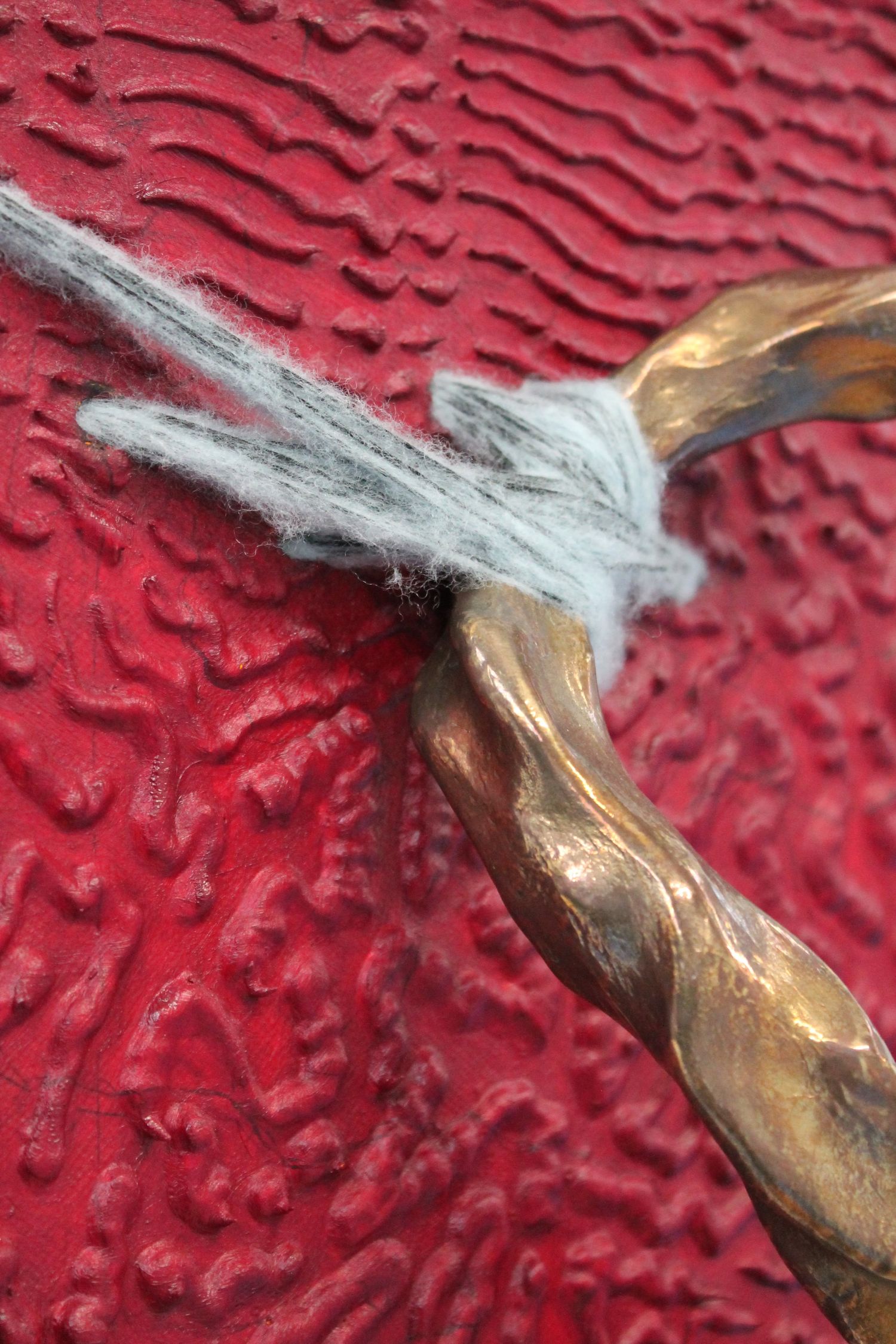 I had plans but I guess this is fine too, 2025. Bronze, masking tape, bungee cord, oil paint, caulk, copper tube, canvas, plywood, timber, wool.